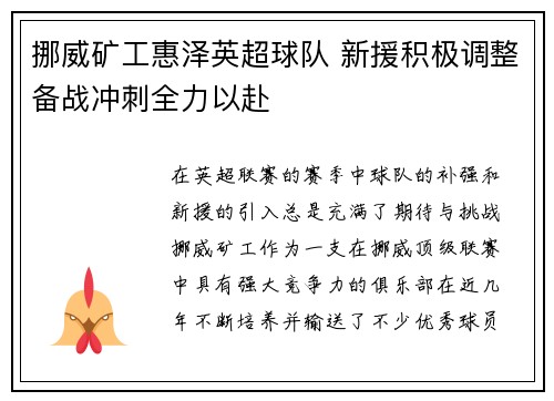 挪威矿工惠泽英超球队 新援积极调整备战冲刺全力以赴