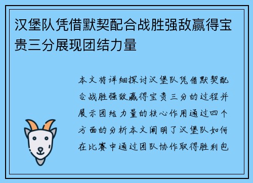 汉堡队凭借默契配合战胜强敌赢得宝贵三分展现团结力量