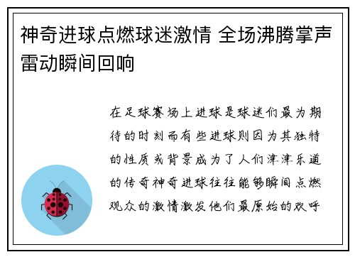 神奇进球点燃球迷激情 全场沸腾掌声雷动瞬间回响