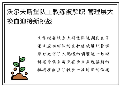 沃尔夫斯堡队主教练被解职 管理层大换血迎接新挑战